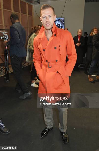 Gregory Emvy poses backstage at the Oliver Spencer LFWM AW18 Catwalk Show at the BFC Show Space on January 6, 2018 in London, England.