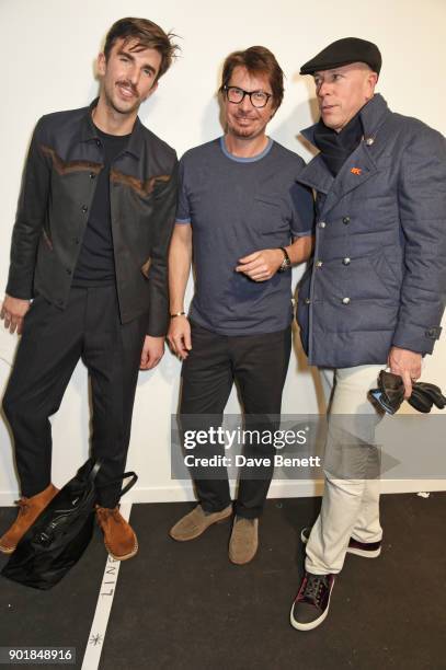 Teo Van Den Broeke, Oliver Spencer and Dylan Jones pose backstage at the Oliver Spencer LFWM AW18 Catwalk Show at the BFC Show Space on January 6,...