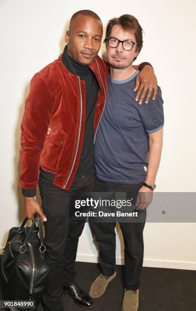 Eric Underwood and Oliver Spencer pose backstage at the Oliver Spencer LFWM AW18 Catwalk Show at the BFC Show Space on January 6, 2018 in London,...