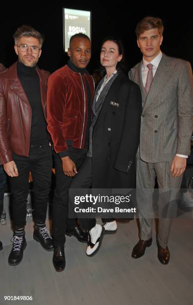 Darren Kennedy, Eric Underwood, Erin O'Connor and Toby Huntington-Whiteley attend the Oliver Spencer LFWM AW18 Catwalk Show at the BFC Show Space on...