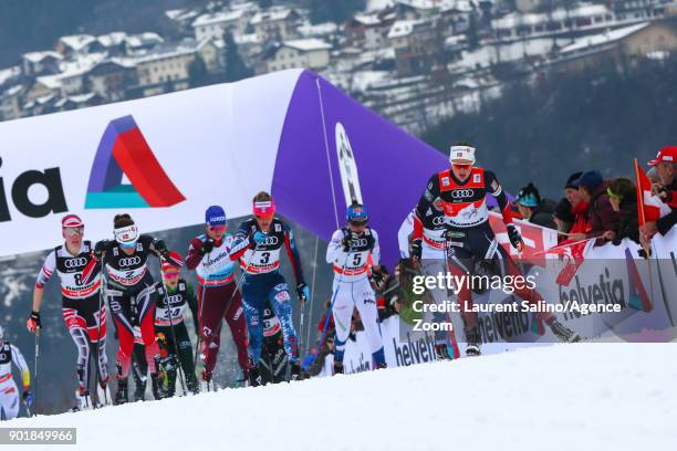 Ingvild Flugstad Oestberg of Norway competes, Jessica Diggins of USA competes, Heidi Weng of Norway takes 1st place, Teresa Stadlober of Austria...