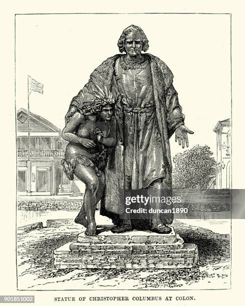 statue of christopher columbus at colon, 19th century - cristobal colon stock illustrations