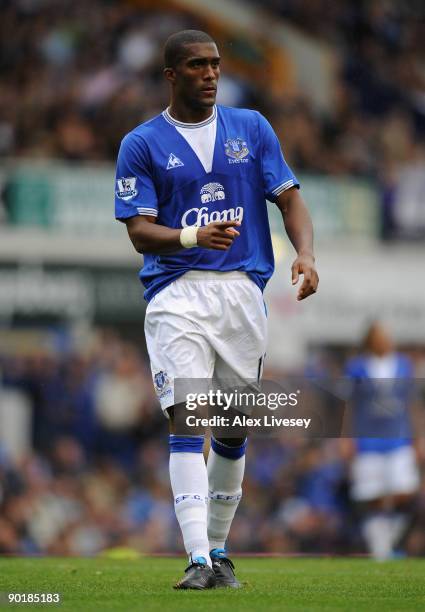 Sylvain Distin of Everton gestures during the Barclays Premier League match between Everton and Wigan Athletic at Goodison Park on August 30, 2009 in...