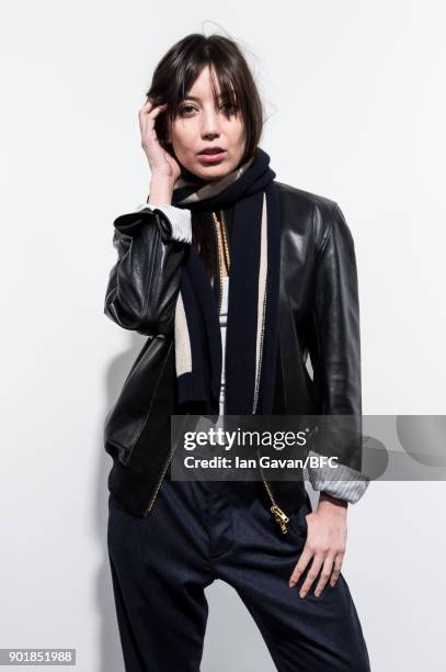 Daisy Lowe poses backstage ahead of the Oliver Spencer show during London Fashion Week Men's January 2018 at BFC Show Space on January 6, 2018 in...