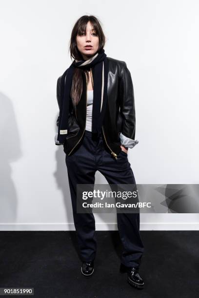 Daisy Lowe poses backstage ahead of the Oliver Spencer show during London Fashion Week Men's January 2018 at BFC Show Space on January 6, 2018 in...