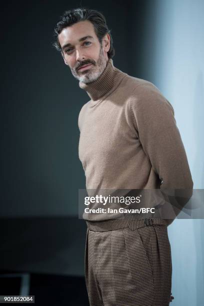 Richard Biedul backstage ahead of the Oliver Spencer show during London Fashion Week Men's January 2018 at BFC Show Space on January 6, 2018 in...