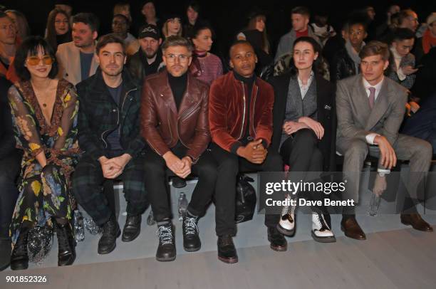 Betty Bachz, Robert Konjic, Darren Kennedy, Eric Underwood, Erin OÕConnor and Toby Huntington-Whiteley sit in the front row at the Oliver Spencer...