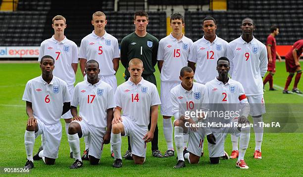 The England U17 team line up before the international match between England U17 and Portugal U17 at Meadow Lane on August 30, 2009 in Nottingham,...