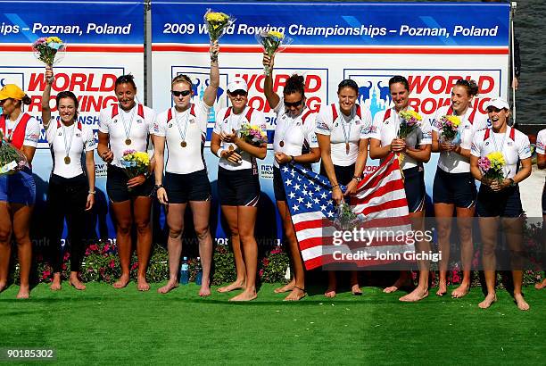 The USA crew celebrate after winning the Women's Eight during the World Rowing Championships on August 30, 2009 in Poznan, Poland.