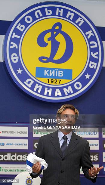 New player of FC Dynamo Kiev Ukrainian Andriy Shevchenko speaks to the media during his presentation at Valeriy Lobanovsky stadium in Kiev on August...