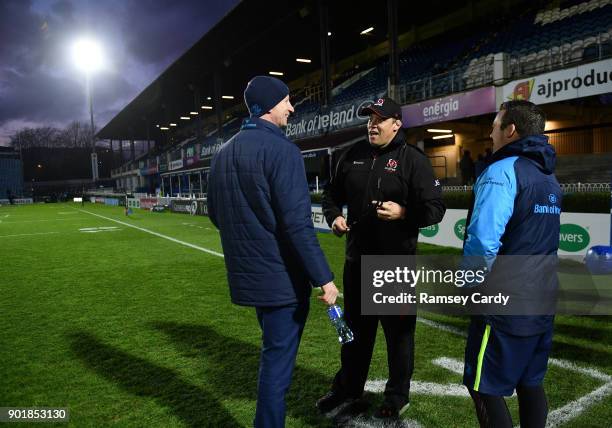 Dublin , Ireland - 6 January 2018; Ulster head coach Jono Gibbes, centre, in conversation with Leinster head coach Leo Cullen, left, and scrum coach...