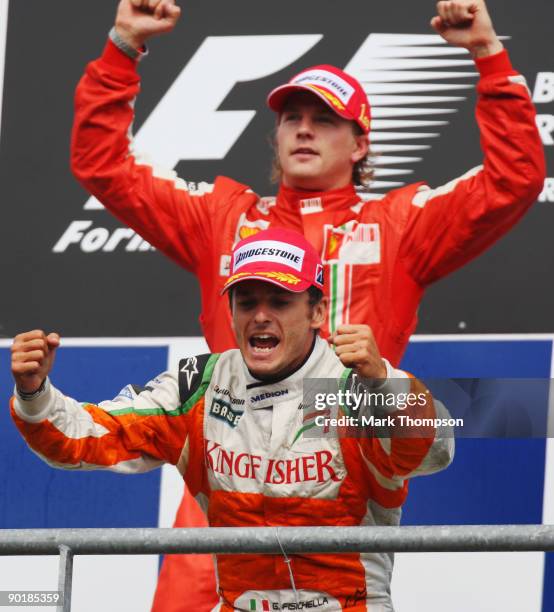 Second placed Giancarlo Fisichella of Italy and Force India celebrates on the podium following the Belgian Grand Prix at the Circuit of Spa...