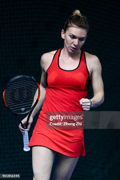 Simona Halep of Romania celebrates a shot during the final match against Katerina Siniakova of Czech Republic during Day 7 of 2018 WTA Shenzhen Open...