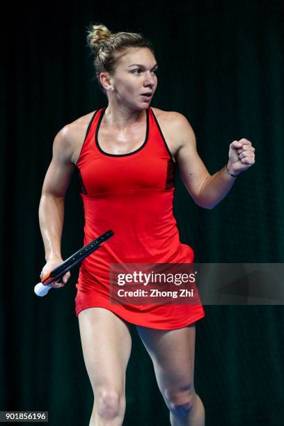 Simona Halep of Romania celebrates a shot during the final match against Katerina Siniakova of Czech Republic during Day 7 of 2018 WTA Shenzhen Open...