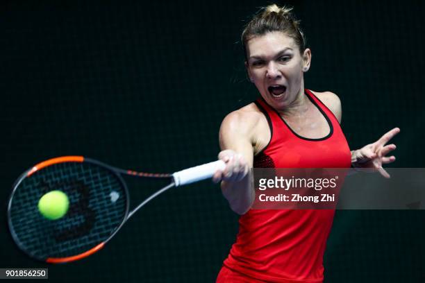 Simona Halep of Romania returns a shot during the final match against Katerina Siniakova of Czech Republic during Day 7 of 2018 WTA Shenzhen Open at...
