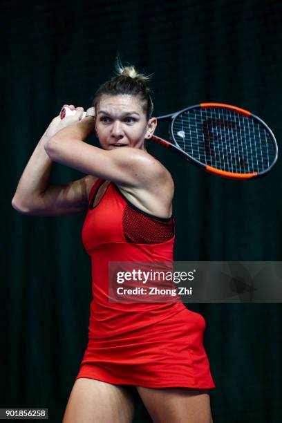 Simona Halep of Romania returns a shot during the final match against Katerina Siniakova of Czech Republic during Day 7 of 2018 WTA Shenzhen Open at...