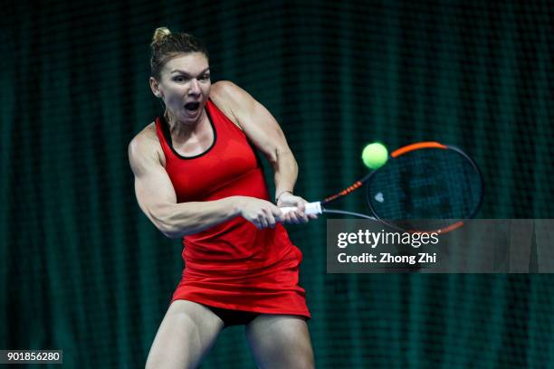 Simona Halep of Romania returns a shot during the final match against Katerina Siniakova of Czech Republic during Day 7 of 2018 WTA Shenzhen Open at...