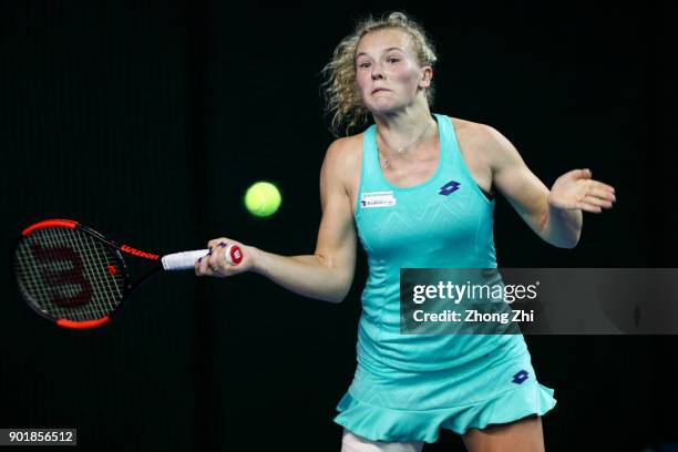 Katerina Siniakova of Czech Republic returns a shot during the final match against Simona Halep of Romania during Day 7 of 2018 WTA Shenzhen Open at...