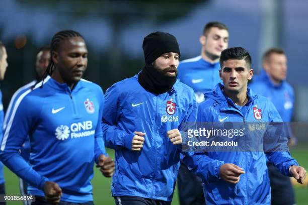 Hugo Rodallega Martinez and Olcay Sahan of Trabzonspor attend a training session ahead of the 2nd half of the Turkish Super Lig at a soccer field of...