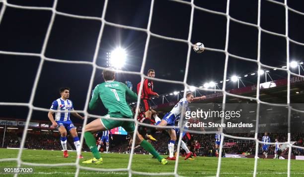 Bournemouth player Steve Cook heads the second Bournemouth goal during the The Emirates FA Cup Third Round match between AFC Bournemouth and Wigan...