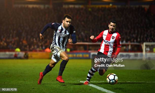 Player Hal Robson-Kanu outpaces the Exeter defence during the The Emirates FA Cup Third Round match between Exeter City and West Bromwich Albion at...