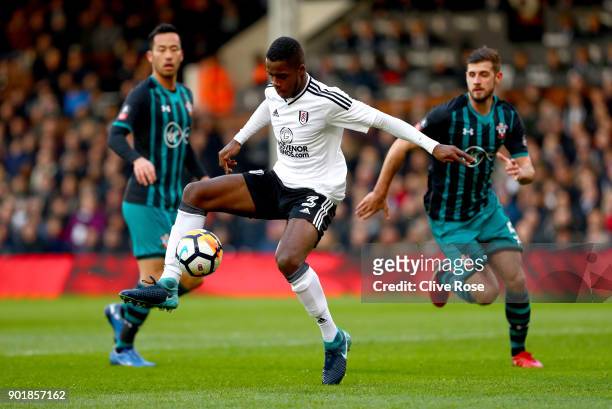 Ryan Sessegnon of Fulham controls the ball under pressure from Jack Stephens of Southampton during the The Emirates FA Cup Third Round match between...