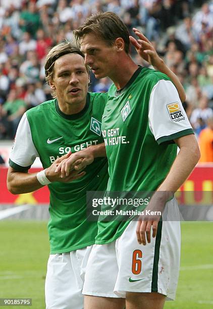 Tim Borowski of Bremen jubilates with Clemens Fritz after scoring the second goal during the Bundesliga match between Hertha BSC Berlin and SV Werder...