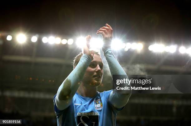 Jack Grimmer of Coventry City celebrates victory after the The Emirates FA Cup Third Round match between Coventry City and Stoke City at Ricoh Arena...