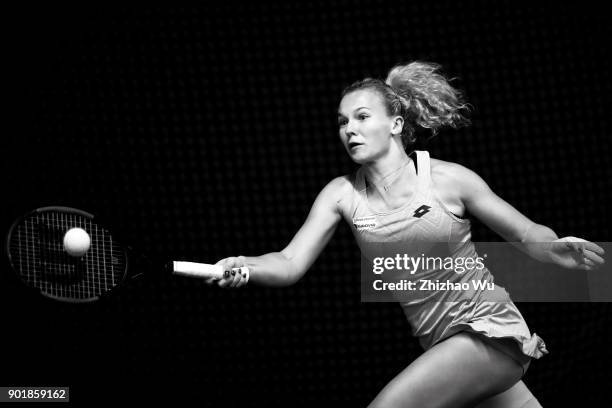 Katerina Siniakova of Czech Republic returns a shot during the final match against Simona Halep of Romania during Day 7 of 2018 WTA Shenzhen Open at...