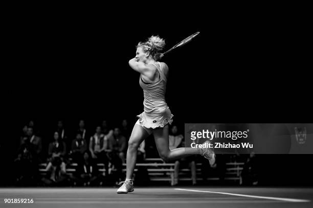 Katerina Siniakova of Czech Republic returns a shot during the final match against Simona Halep of Romania during Day 7 of 2018 WTA Shenzhen Open at...