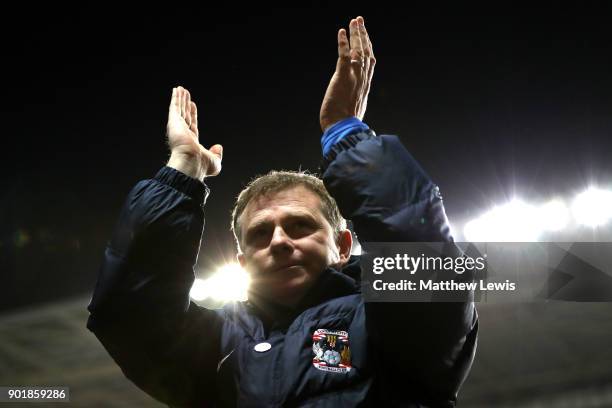 Mark Robins manager of Coventry City celebrates victory after the The Emirates FA Cup Third Round match between Coventry City and Stoke City at Ricoh...