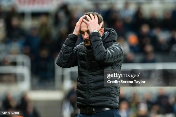 Luton Town Manager Nathan Jones reacts during the Emirates FA Cup Third Round between Newcastle United and Luton Town at St.James' Park on January 6...