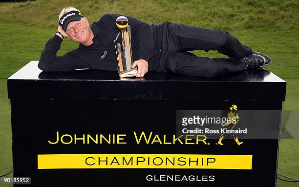 Peter Hedblom of Sweden with the winners trophy after the final round of the Johnnie Walker Championship on the PGA Centenary Course at Gleneagles on...