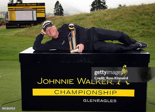 Peter Hedblom of Sweden with the winners trophy after the final round of the Johnnie Walker Championship on the PGA Centenary Course at Gleneagles on...