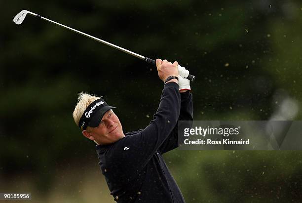 Peter Hedblom of Sweden in action during the final round of the Johnnie Walker Championship on the PGA Centenary Course at Gleneagles on August 30,...