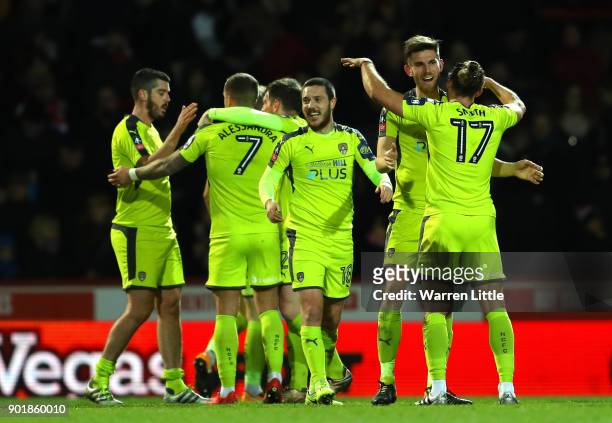 Notts County players celebrate their win after The Emirates FA Cup Third Round match between Brentford and Notts Country at Griffin Park on January...