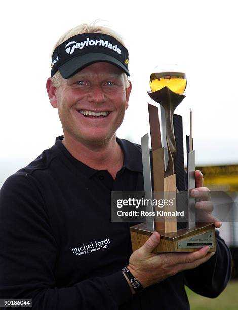 Peter Hedblom of Sweden with the winners trophy after the final round of the Johnnie Walker Championship on the PGA Centenary Course at Gleneagles on...