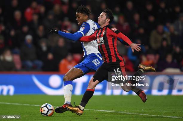 Ivan Toney of Wigan Athletic and Adam Smith of AFC Bournemouth in action during the The Emirates FA Cup Third Round match between AFC Bournemouth and...