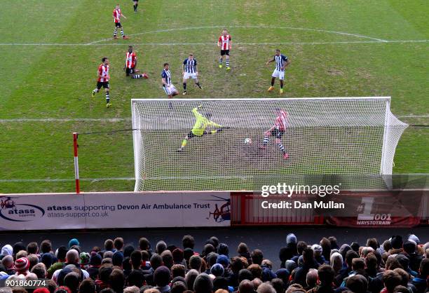 Jay Rodriguez of West Bromwich Albion scores his team's second goal during The Emirates FA Cup Third Round match between Exeter City and West...