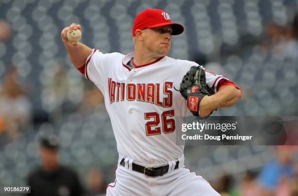 Relief pitcher Logan Kensing of the Washington Nationals delivers against the Florida Marlins at Nationals Park on August 6, 2009 in Washington, DC....