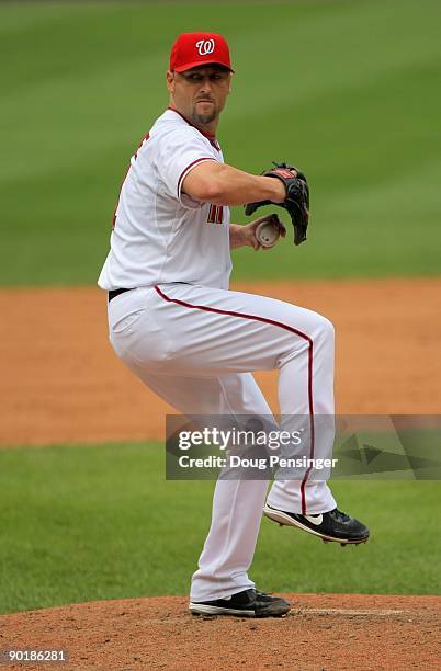 Relief pitcher Ron Villone of the Washington Nationals delivers against the Florida Marlins at Nationals Park on August 6, 2009 in Washington, DC....