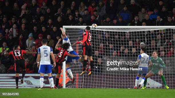 Steve Cook of AFC Bournemouth scores his sides second goal during The Emirates FA Cup Third Round match between AFC Bournemouth and Wigan Athletic at...