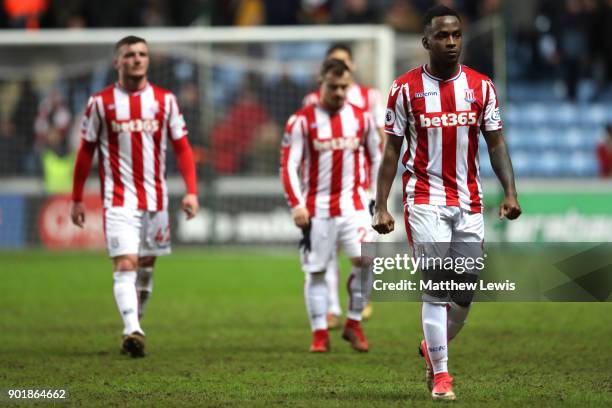 Saido Berahino of Stoke City looks dejected after The Emirates FA Cup Third Round match between Coventry City and Stoke City at Ricoh Arena on...