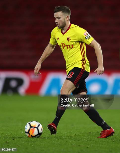 Tom Cleverley of Watford during the Emirates FA Cup Third Round match between Watford and Bristol City at Vicarage Road on January 6, 2018 in...