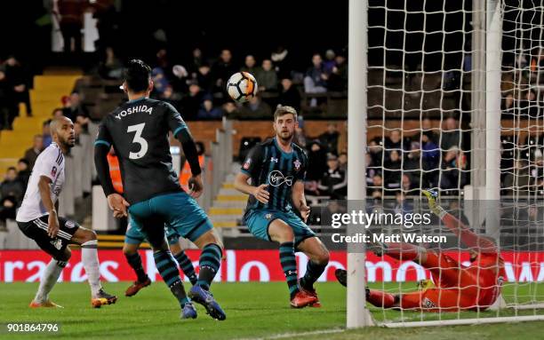 Jack Stephens of Southampton sees his header bounce of the crossbar during the Emirates FA Cup third round match between Fulham FC and Southampton FC...