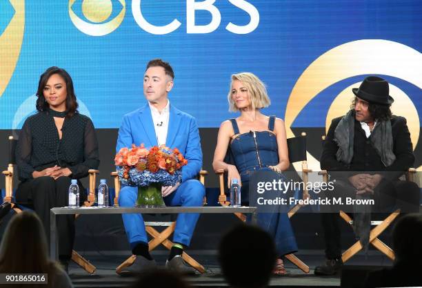 Actors Sharon Leal, Alan Cumming, Bojana Novakovic and Naveen Andrews of the television show Instinct listen onstage during the CBS/Showtime portion...