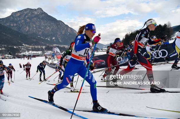 Italy's Elisa Brocard competes on January 6, 2018 during the Women's Cross Country 10 km Mass Start Classic race of the FIS World cup Tour de Ski at...