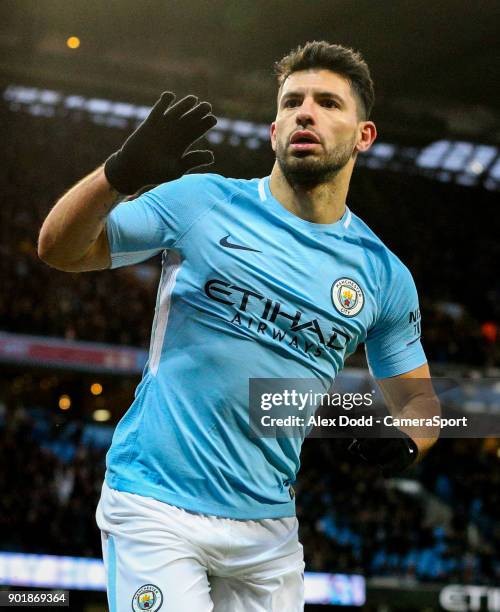 Manchester City's Sergio Aguero celebrates scoring his side's second goal during the Emirates FA Cup Third Round match between Manchester City and...