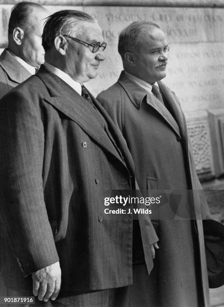 British politician Ernest Bevin , the Secretary of State for Foreign Affairs, leaves the Foreign Office in London with Soviet Foreign Minister...