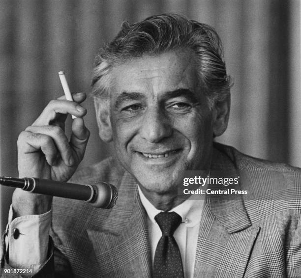 American composer Leonard Bernstein holds a press conference at the Royal Festival Hall in London, 20th February 1970. He will be conducting the...